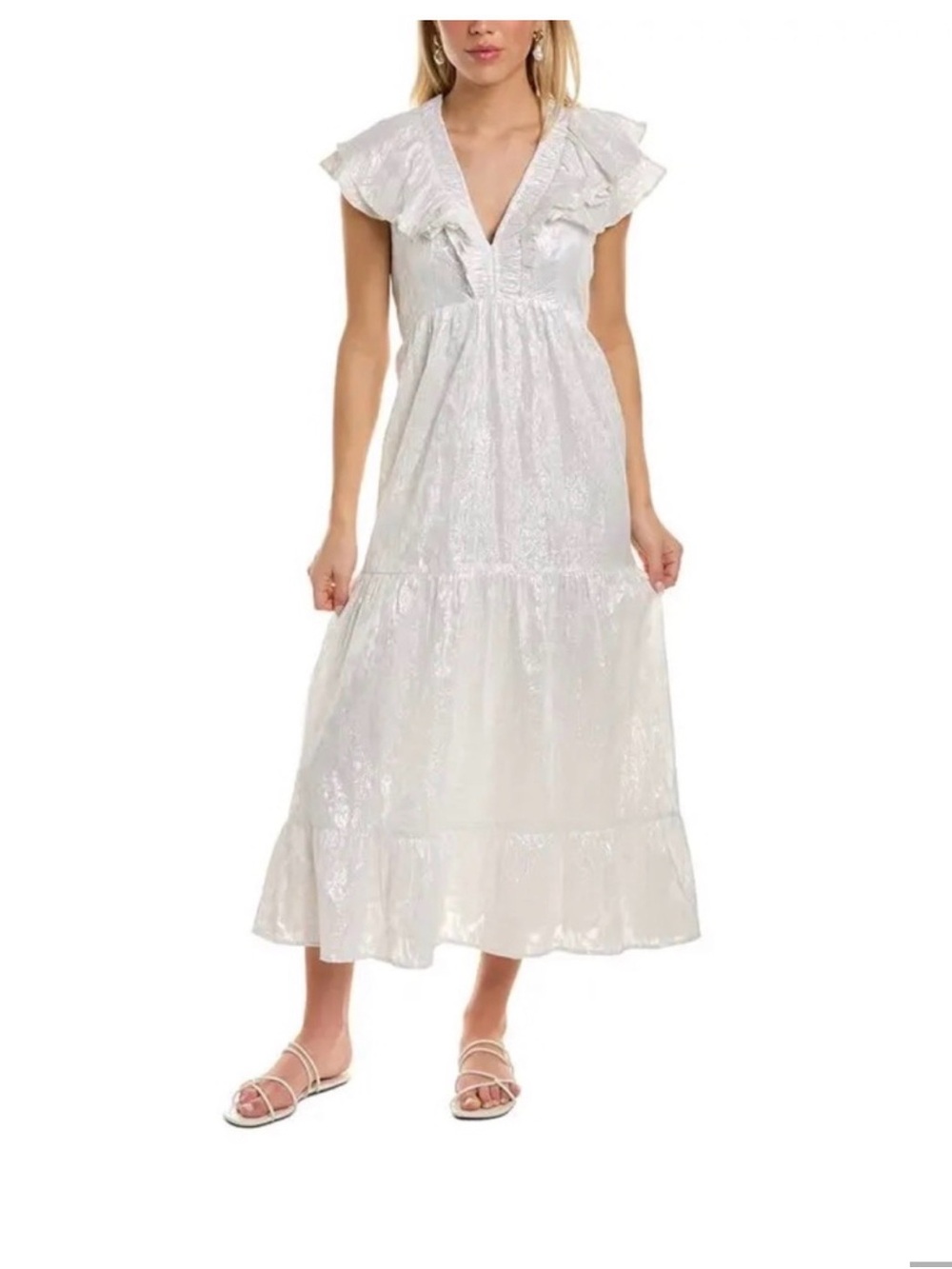Roller Rabbit White Ruffled V-Neck Midi Dress - Picture 2 of 8